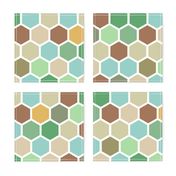 18-07E Hexagon Autumn tan green aqua olive brown white 