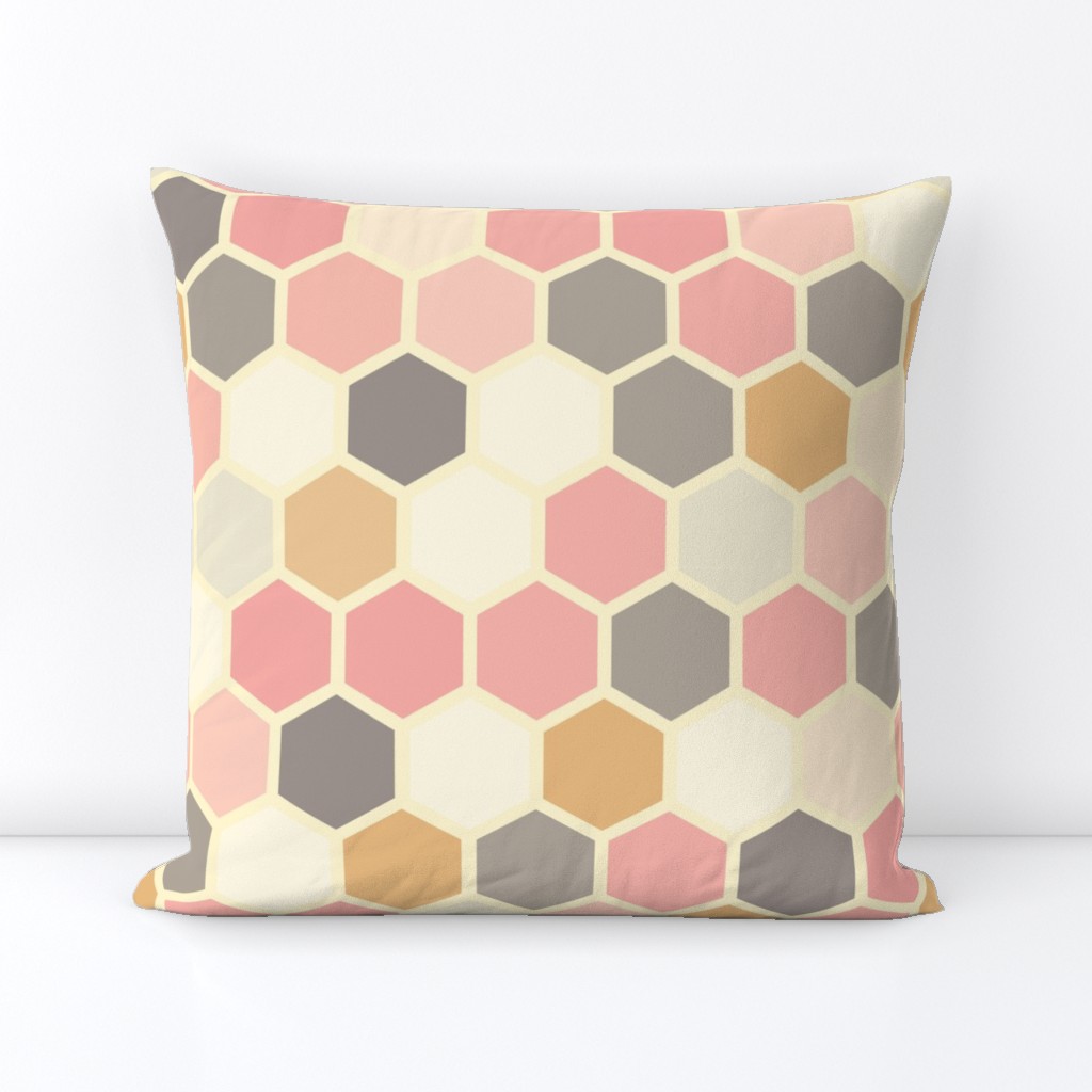 18-07D Hexagon pink grey gray mustard yellow cream dots 