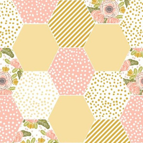 hexagon cheater quilt pale yellow mustard yellow flowers florals cute flowers 