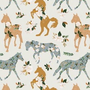 magnolia floral horses on ivory linen