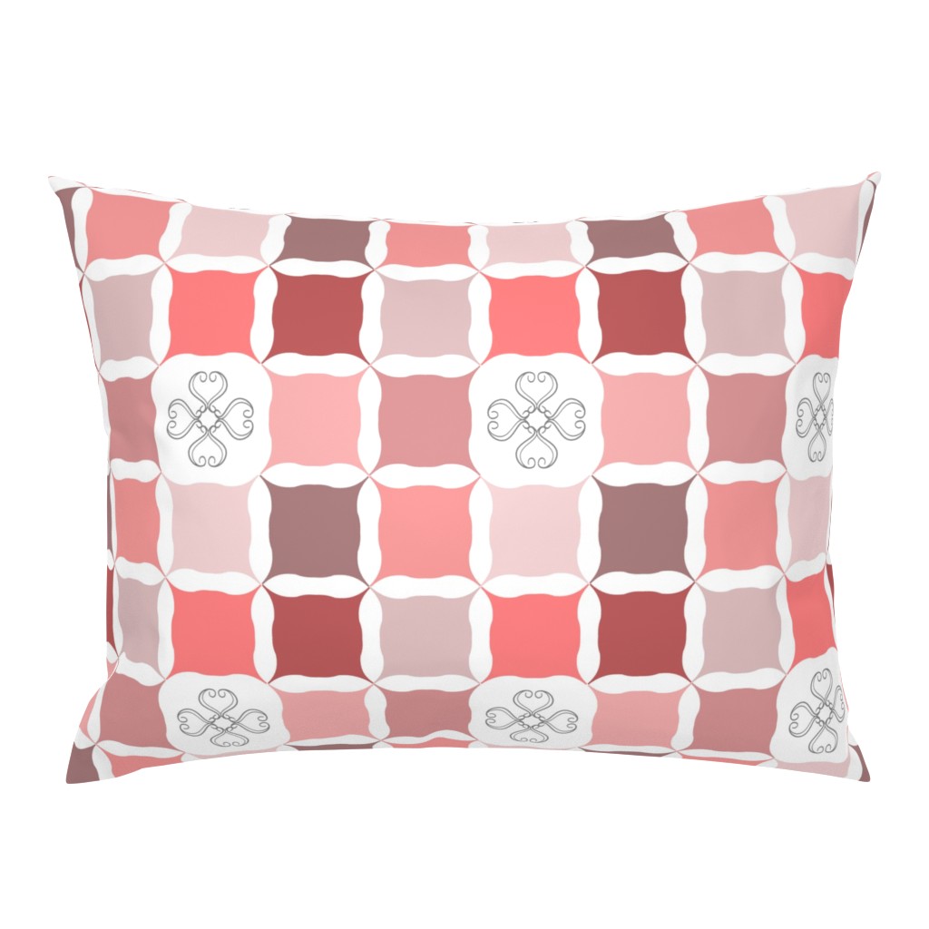 Blush Coral Pink Grid with Scroll Flower 