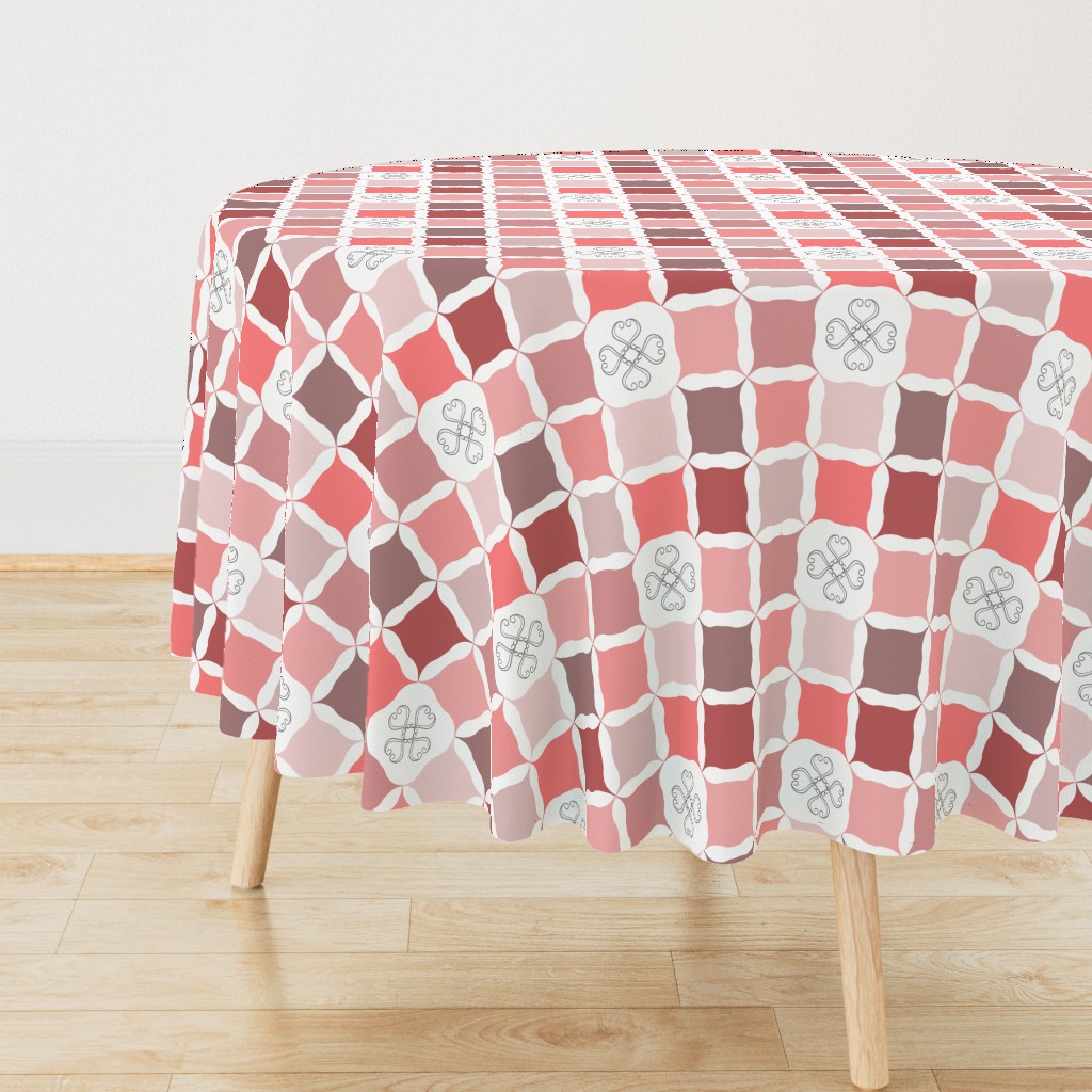 Blush Coral Pink Grid with Scroll Flower 