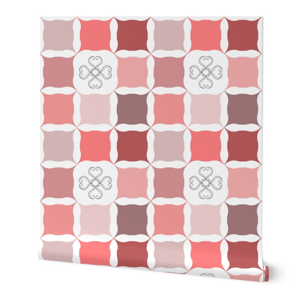 Blush Coral Pink Grid with Scroll Flower 