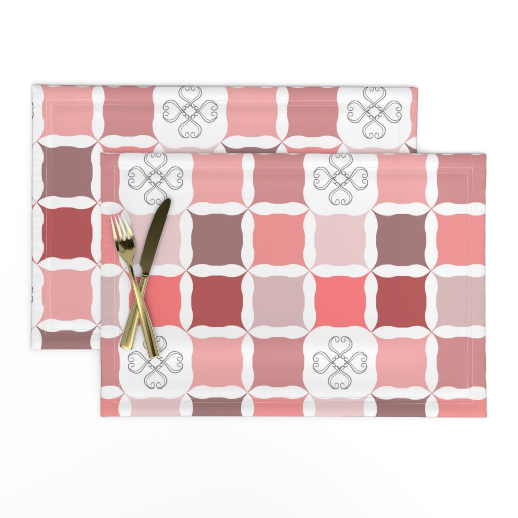 Blush Coral Pink Grid with Scroll Flower 
