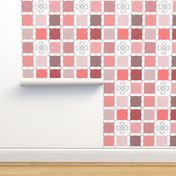 Blush Coral Pink Grid with Scroll Flower 