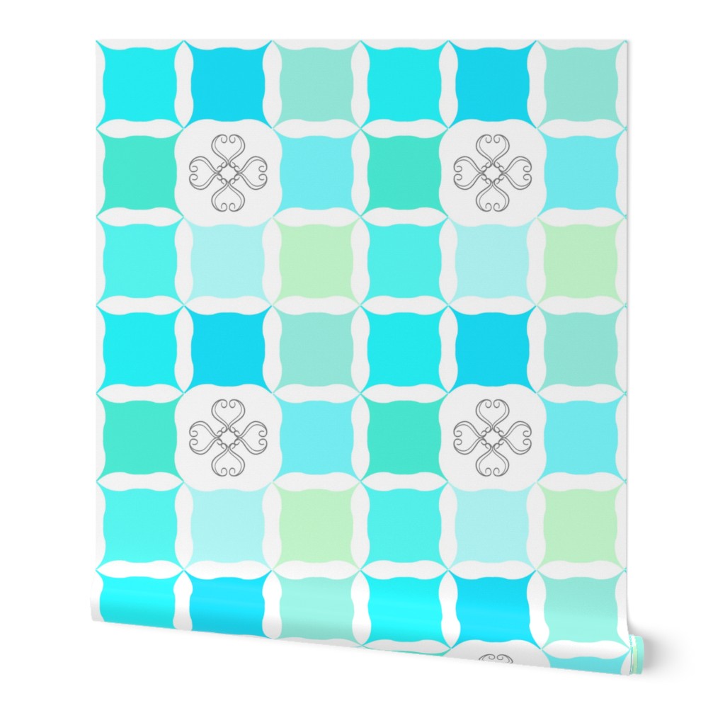 Teal Blue & Mint Green Grid with Scroll Flower