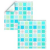 Teal Blue & Mint Green Grid with Scroll Flower