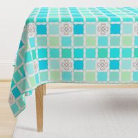 Teal Blue & Mint Green Grid with Scroll Flower