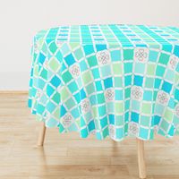 Teal Blue & Mint Green Grid with Scroll Flower