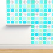 Teal Blue & Mint Green Grid with Scroll Flower