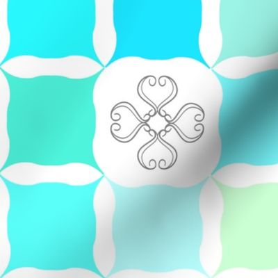 Teal Blue & Mint Green Grid with Scroll Flower