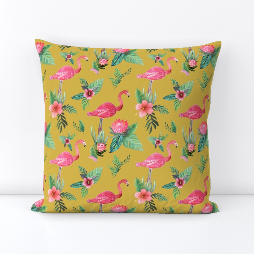 flamingo dream garden // tropical floral on mustard yellow