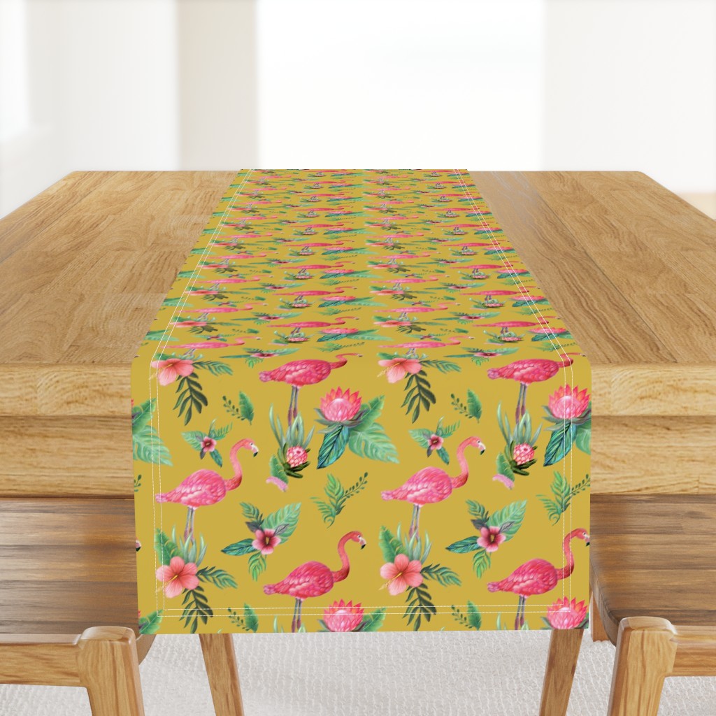 flamingo dream garden // tropical floral on mustard yellow