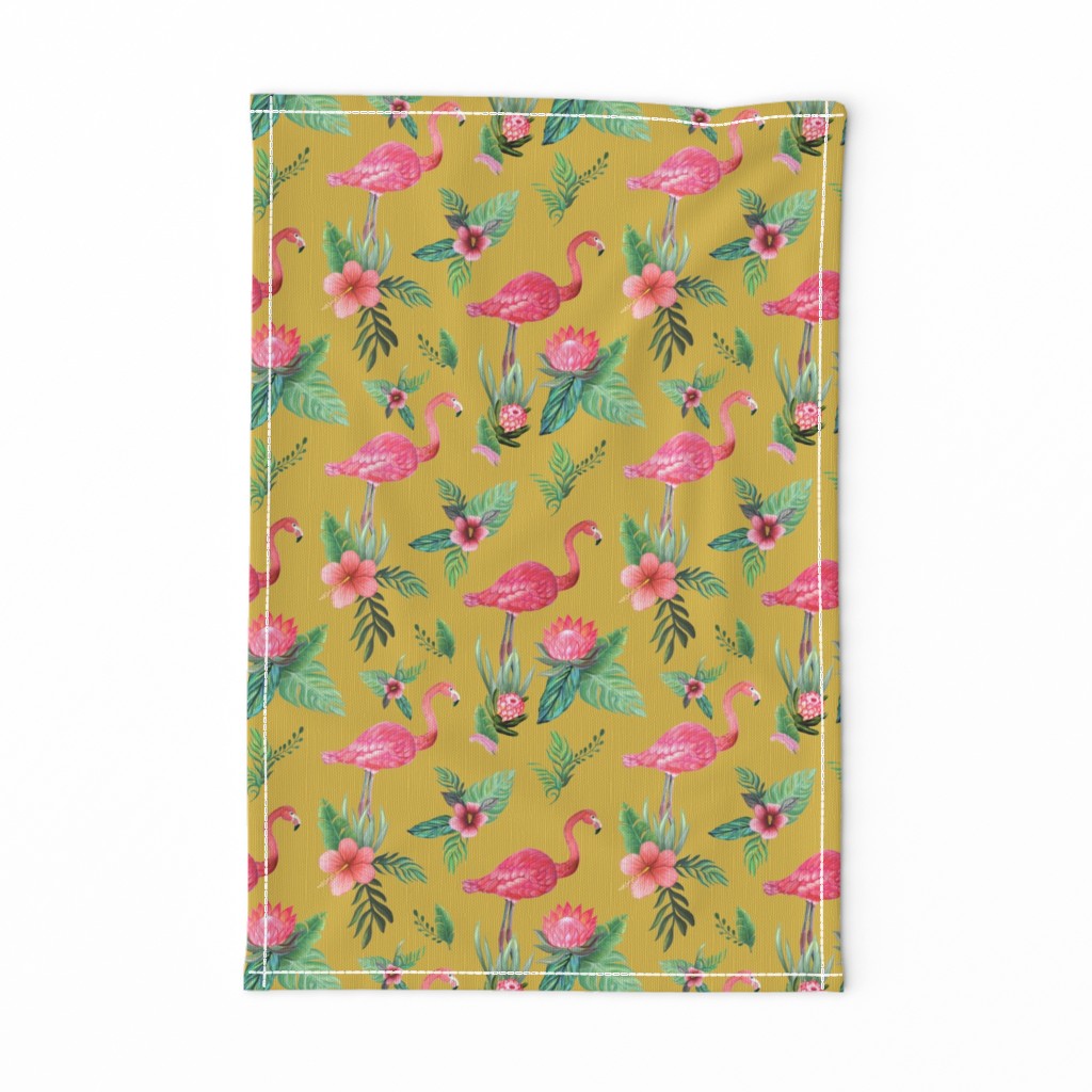 flamingo dream garden // tropical floral on mustard yellow