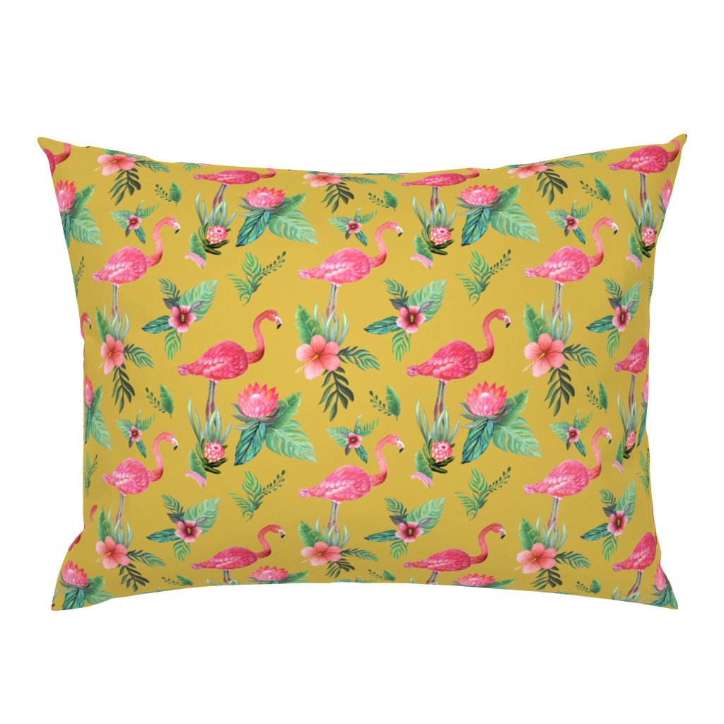 flamingo dream garden // tropical floral on mustard yellow