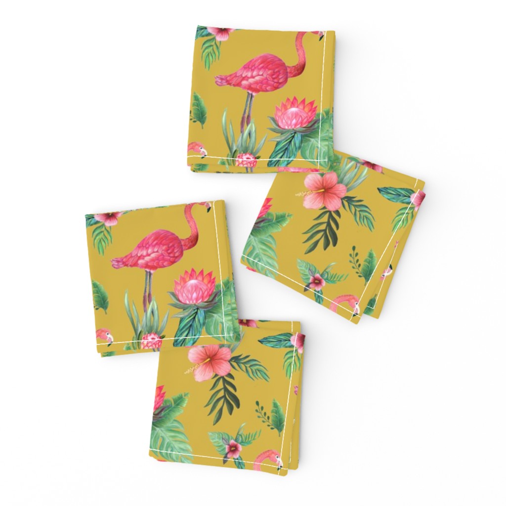 flamingo dream garden // tropical floral on mustard yellow