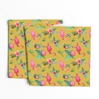 flamingo dream garden // tropical floral on mustard yellow