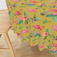 flamingo dream garden // tropical floral on mustard yellow