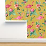 flamingo dream garden // tropical floral on mustard yellow