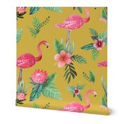 flamingo dream garden // tropical floral on mustard yellow