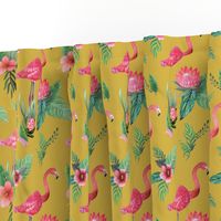 flamingo dream garden // tropical floral on mustard yellow