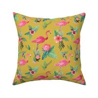 flamingo dream garden // tropical floral on mustard yellow