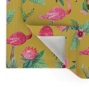 flamingo dream garden // tropical floral on mustard yellow