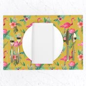 flamingo dream garden // tropical floral on mustard yellow