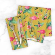 flamingo dream garden // tropical floral on mustard yellow