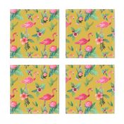 flamingo dream garden // tropical floral on mustard yellow