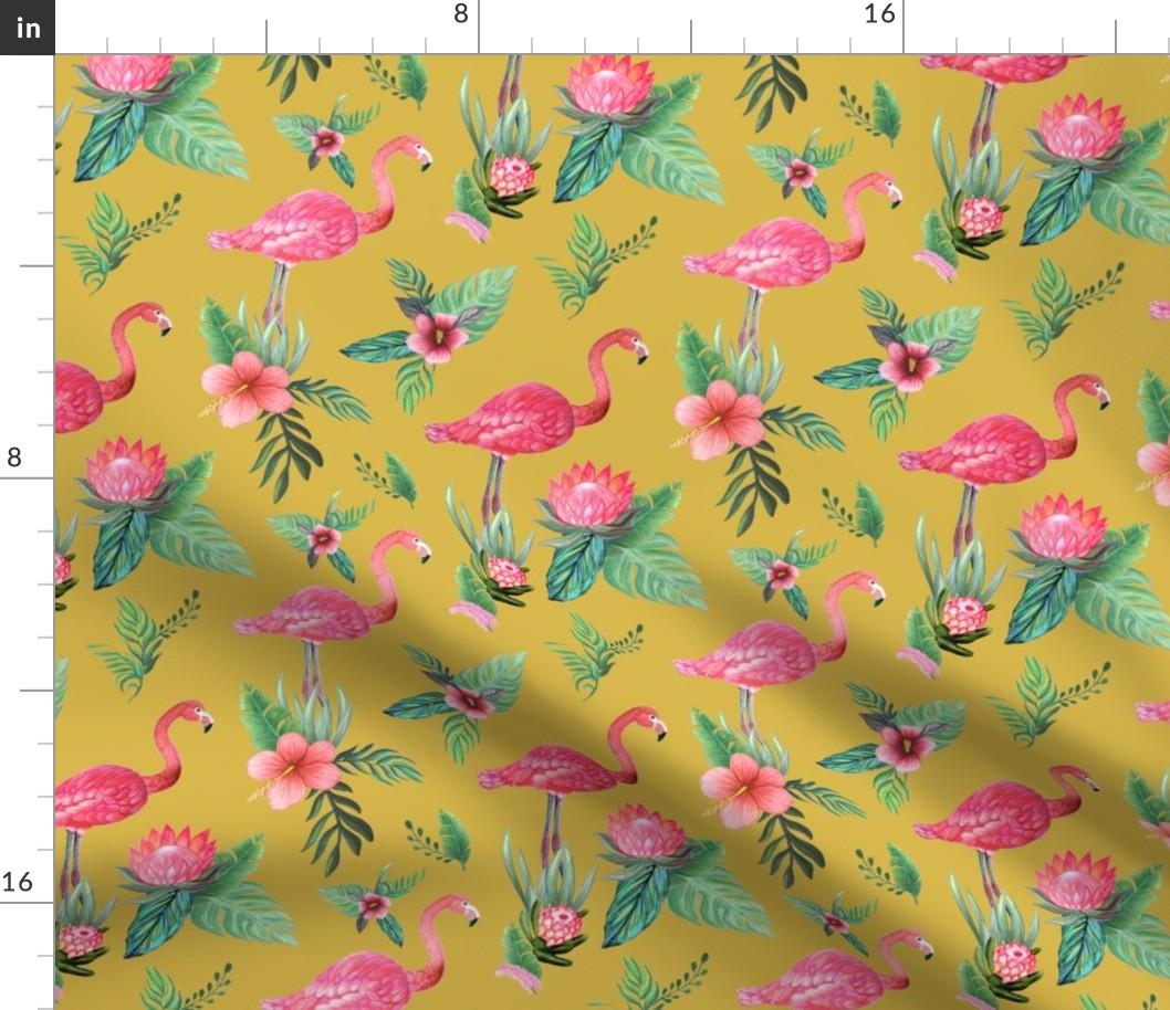 flamingo dream garden // tropical floral on mustard yellow