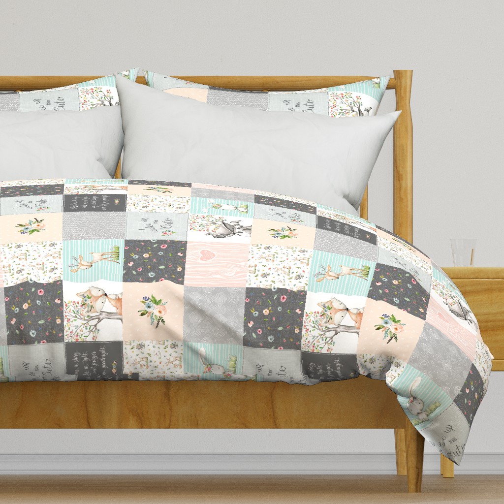 Woodland Friends Nursery Patchwork Quilt (rotated) - Wholecloth Deer Fox Raccoon Bunny (Grey Blush) GingerLous