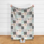 Woodland Friends Nursery Patchwork Quilt (rotated) - Wholecloth Deer Fox Raccoon Bunny (Grey Blush) GingerLous