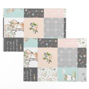 Woodland Friends Nursery Patchwork Quilt (rotated) - Wholecloth Deer Fox Raccoon Bunny (Grey Blush) GingerLous