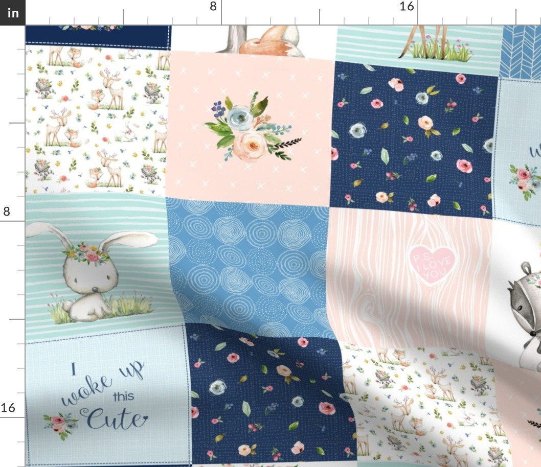 Woodland Friends Nursery Patchwork Quilt -  Wholecloth Deer Fox Raccoon Bunny (Navy Pink) GingerLous