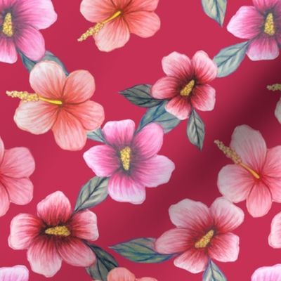 Watercolor floral // hibiscus flowers on burgundy