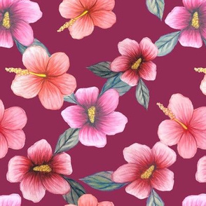 Watercolor  floral // hibiscus flowers on burgundy