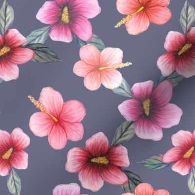 watercolor hibiscus floral on grey