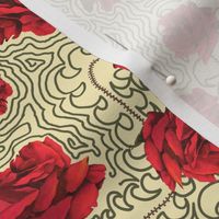 Watercolor Red Roses on Creamy Faux  Stippled and Feathered Background