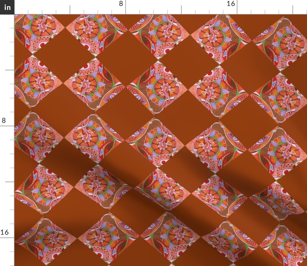 Art Nouveau blossums on diagonal checkerboard