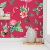 Watercolor flamingo on red // flamingo dream garden 