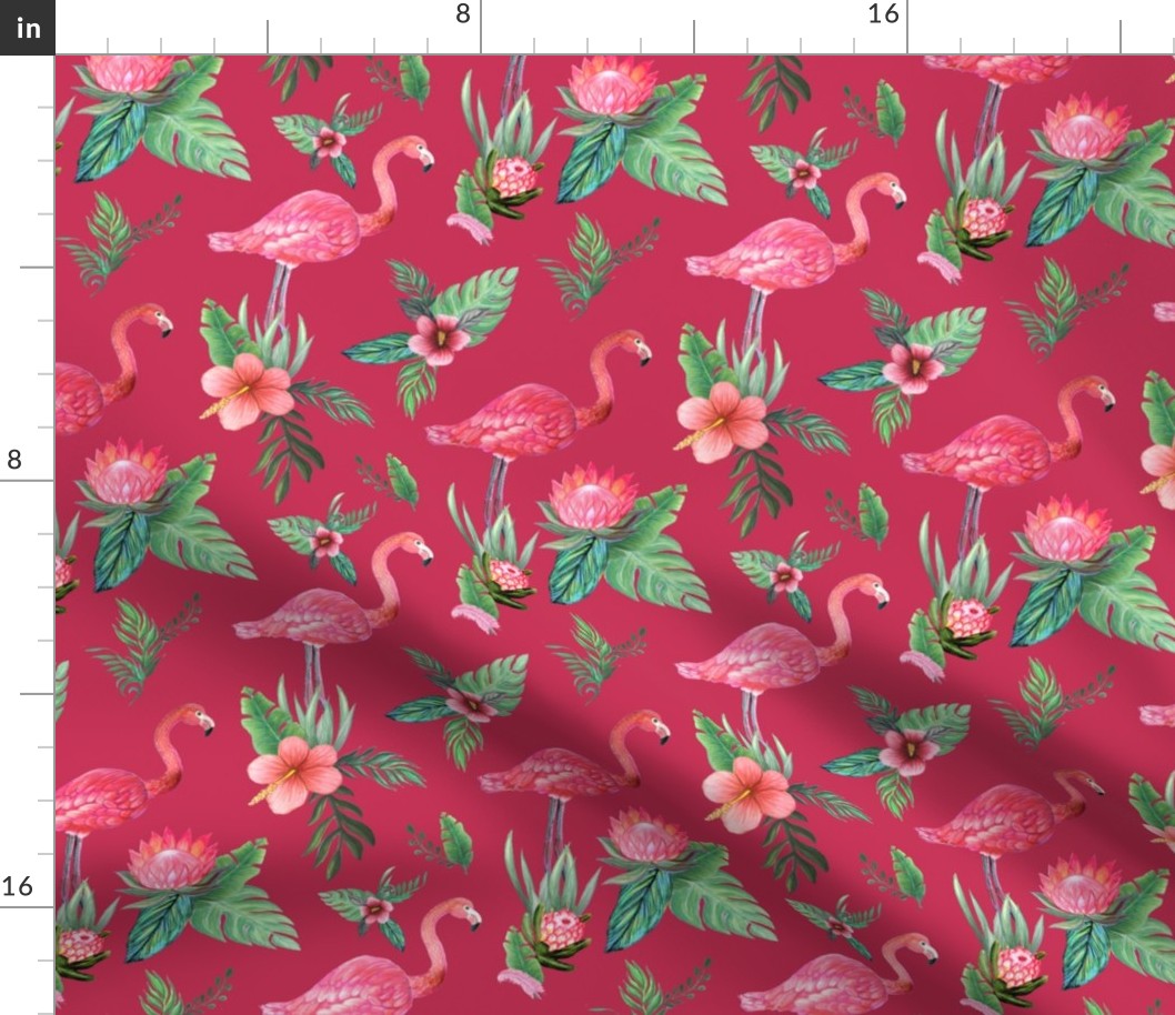 Watercolor flamingo on red // flamingo dream garden 