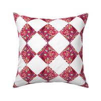 Diagonal cheater quilt floral squares alternated with white 