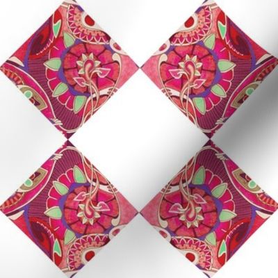 Diagonal cheater quilt floral squares alternated with white 