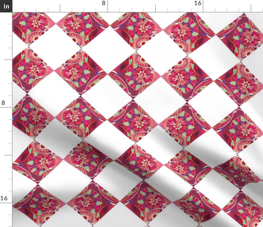 Diagonal cheater quilt floral squares alternated with white 