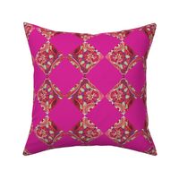 Art nouveau flowers on magenta checkerboard cheater quilt squares