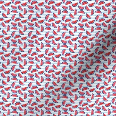 (MICRO SCALE) watercolor watermelon on blue stripes - red white and blue - July 4th fabric C18BS