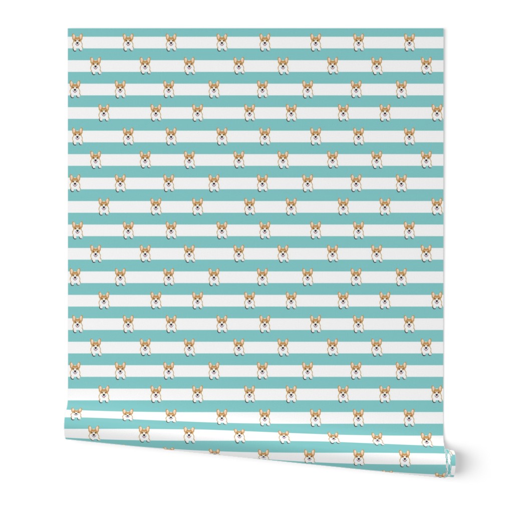 corgi stripes mint fabric - dog design 