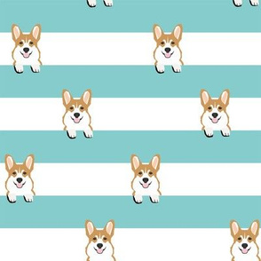 corgi stripes mint fabric - dog design 