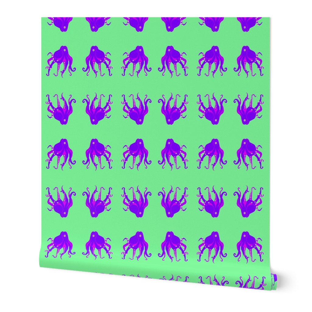 Large - Digitally Hand Drawn Purple Octopus on Pastel Green